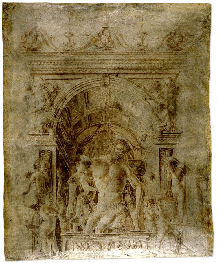 Marco Zoppo, Cristo morto sostenuto dagli angeli (1455-1457 circa; penna e inchiostro su pergamena; Londra, British Museum)
