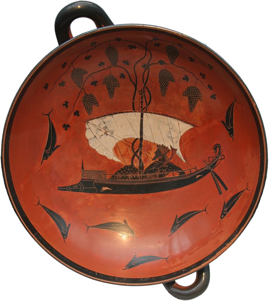 Exekias, Kylix con il mito di Dioniso e dei pirati tirreni trasformati in delfini (530 a.C. circa; ceramica a figure nere, diametro 30,5 cm, altezza 13,6 cm; Monaco di Baviera, Staatliche Antikensammlungen