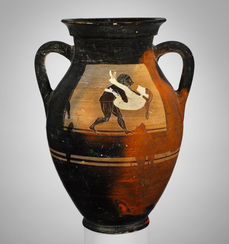 Arte etrusca, anfora con symplegma (530-525 a.C. circa; ceramica a figure nere, altezza 32,4 cm; New York, Metropolitan Museum)
