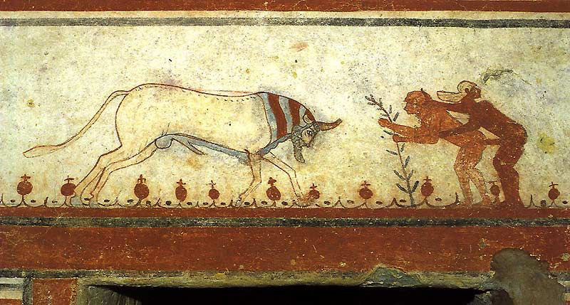 Arte etrusca, Scena di amore omosessuale (530 a.C. circa; affresco; Tarquinia, Tomba dei Tori)
