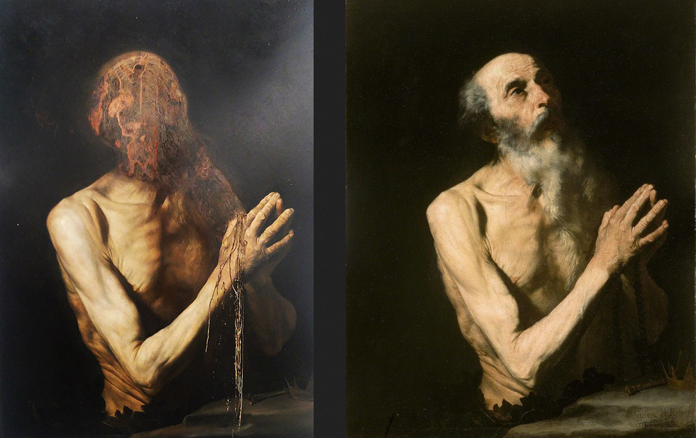A sinistra, Nicola Samorì, La caduta dei giganti (2017; olio su rame, 70 x 50 cm). A destra, cerchia di José de Ribera, San Girolamo (prima metà del XVII secolo; olio su tela, 92,7 x 70,5 cm; Collezione privata) A sinistra, Nicola Samorì, La caduta dei giganti (2017; olio su rame, 70 x 50 cm). A destra, cerchia di José de Ribera, San Girolamo (prima metà del XVII secolo; olio su tela, 92,7 x 70,5 cm; Collezione privata)