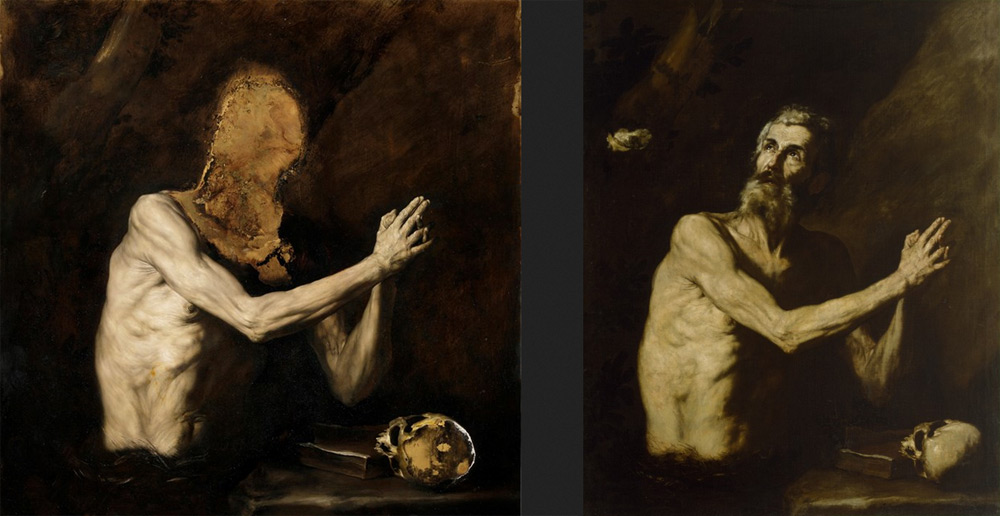 A sinistra, Nicola Samorì, Le formiche (2017; olio su rame, 100 x 100 cm. Courtesy Galerie EIGEN + Art, Lipsia / Berlino). A destra, José de Ribera, San Paolo eremita (1632 circa; olio su tela, 132,7 x 106,7 cm; Baltimora, The Walters Art Museum) A sinistra, Nicola Samorì, Le formiche (2017; olio su rame, 100 x 100 cm. Courtesy Galerie EIGEN + Art, Lipsia / Berlino). A destra, José de Ribera, San Paolo eremita (1632 circa; olio su tela, 132,7 x 106,7 cm; Baltimora, The Walters Art Museum)