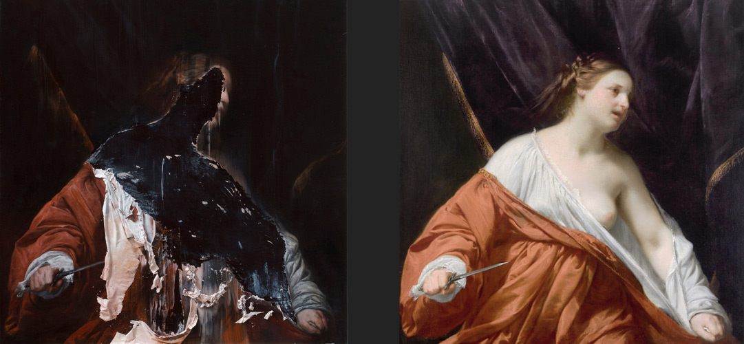 A sinistra, Nicola Samorì, Lucrezia (2010; olio su tavola, 100 x 100 x 5 cm). A destra, Guido Cagnacci, Lucrezia (1636-1640 circa; olio su tela, 114x112 cm; Collezione privata) A sinistra, Nicola Samorì, Lucrezia (2010; olio su tavola, 100 x 100 x 5 cm). A destra, Guido Cagnacci, Lucrezia (1636-1640 circa; olio su tela, 114x112 cm; Collezione privata)