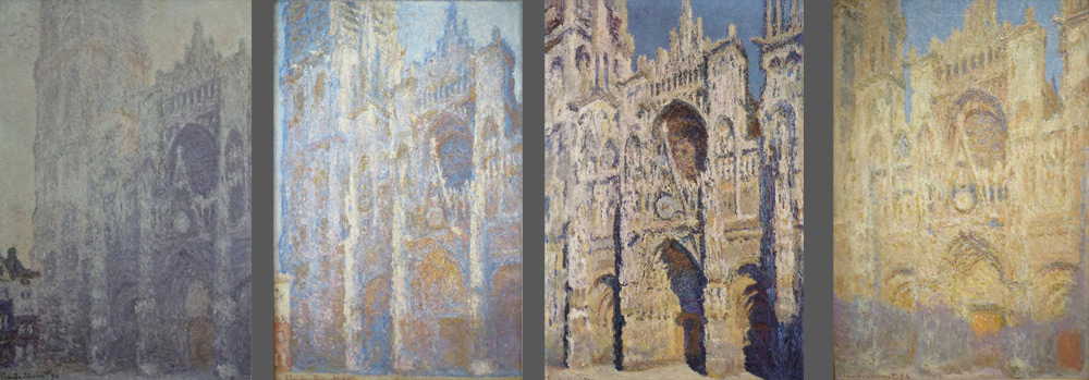 Claude Monet, da sinistra: Cattedrale di Rouen, Harmonie blanche, al primo sole (1893; olio su tela, 106 x 73 cm; Parigi, Musée d'Orsay), Cattedrale di Rouen a mezzogiorno (1894; olio su tela, 100 x 65 cm; Mosca, Museo Pushkin), Cattedrale di Rouen in pieno sole (1894; olio su tela, 107 x 73 cm; Parigi, Musée d'Orsay), Cattedrale di Rouen al tramonto (1894; olio su tela, 101 x 65 cm; Mosca, Museo Pushkin)