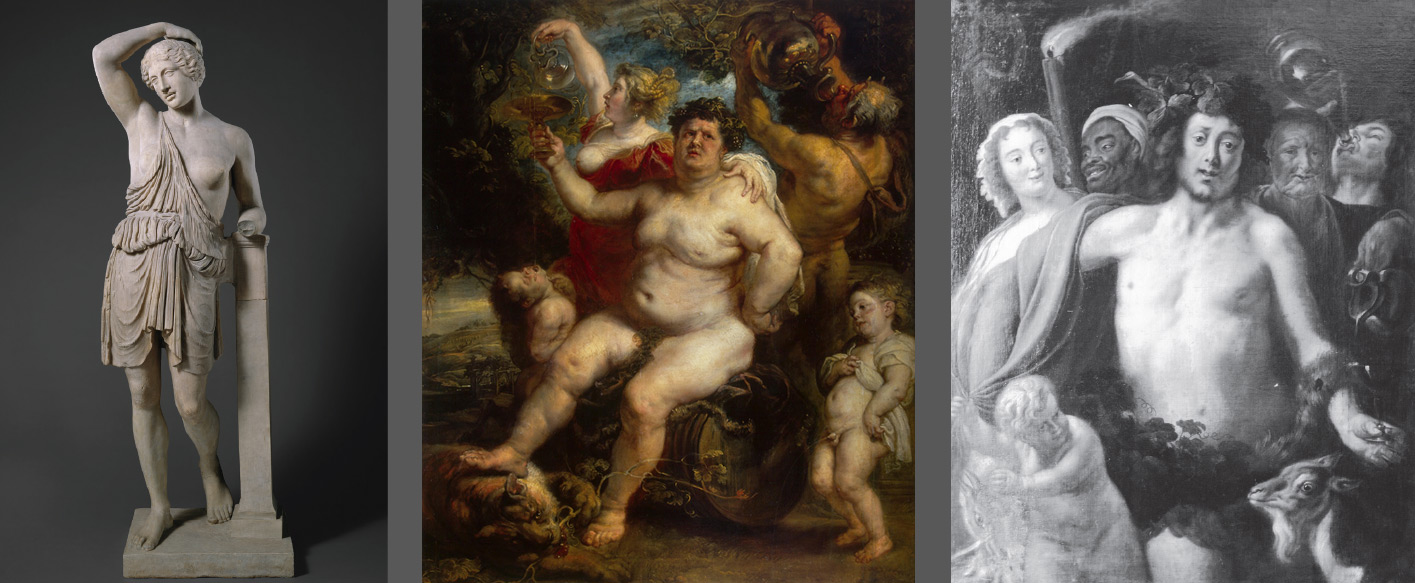 Modelli per il Trionfo di Bacco. Da sinistra a destra: Arte romana, copia da originale greco, Amazzone ferita (450 a.C. circa; marmo; New York, Metropolitan Museum); Pieter Paul Rubens, Bacco su di un barile di vino (1638-1640 circa; olio su tela, 191 x 161,3 cm; San Pietroburgo, Hermitage); Da Jacob Jordaens, Baccanale (1650 circa; olio su tela, 157 x 100 cm; Le Puy, MusÃ©e Crozatier)
