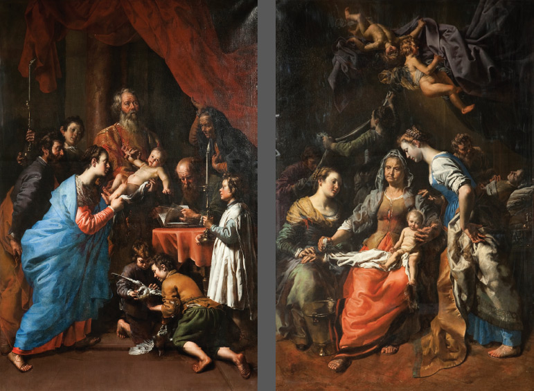 A sinistra: Theodoor van Loon, Presentazione al tempio (1623-1628 circa; olio su tela, 257 x 180 cm; Scherpenheuvel, Basilica di Nostra Signora). A destra: Theodoor van Loon, Nascita della Vergine (1623-1628 circa; olio su tela, 257 x 180 cm; Scherpenheuvel, Basilica di Nostra Signora)
