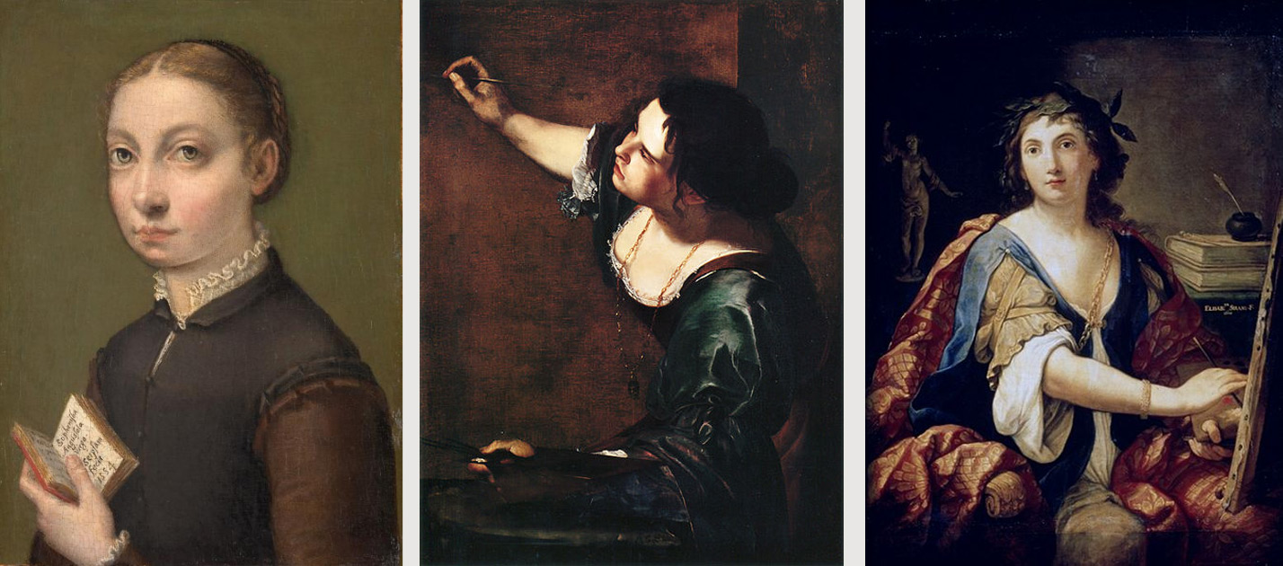 Da sinistra a destra: Sofonisba Anguissola, Autoritratto (1554; olio su tavola, 19,5 x 14,5 cm; Vienna, Kunsthistorisches Museum); Artemisia Gentileschi, Autoritratto come Allegoria della Pittura (1638-1639 circa; olio su tela, 98,6 x 75,2 cm; Windsor, The Royal Collection); Elisabetta Sirani, Autoritratto come Allegoria della Pittura (1658; olio su tela, 114 x 85 cm; Mosca, Museo Pushkin)
