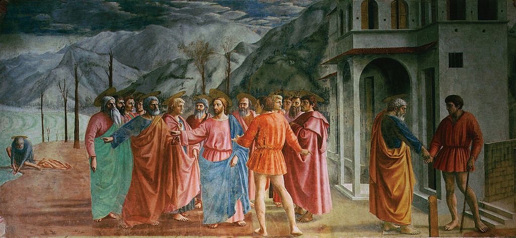 Masaccio (e Masolino?), Tributo (1425 circa; affresco, 255 x 598 cm; Firenze, Santa Maria del Carmine, Cappella Brancacci)
