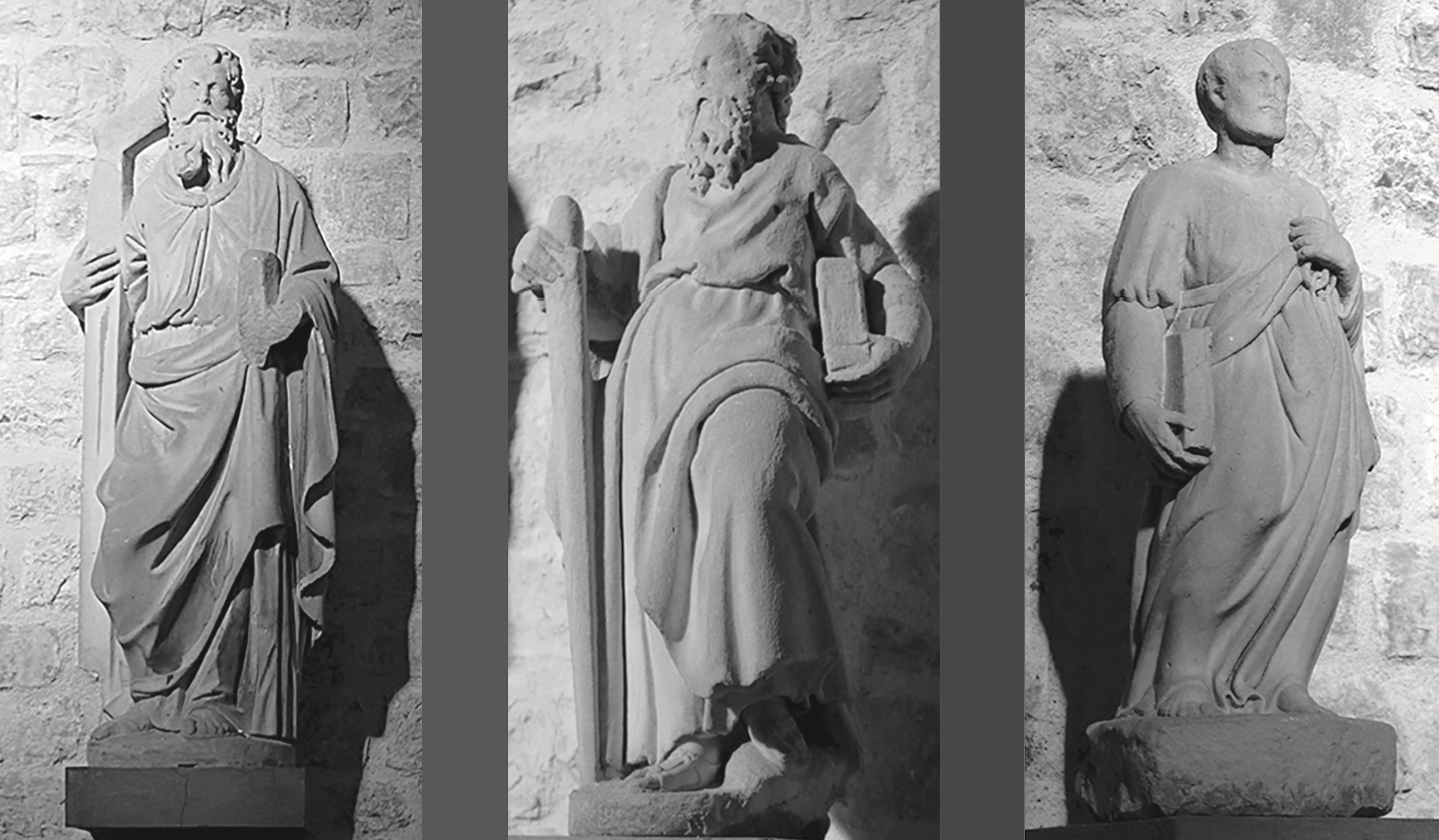 Da sinistra a destra: Prospero Clemente, Sant'Andrea; Prospero Clemente, San Paolo; Ignoto scultore cinquecentesco, San Pietro (Sarzana, Pieve di Sant'Andrea). Ph. Credit Archivio Piero Donati
