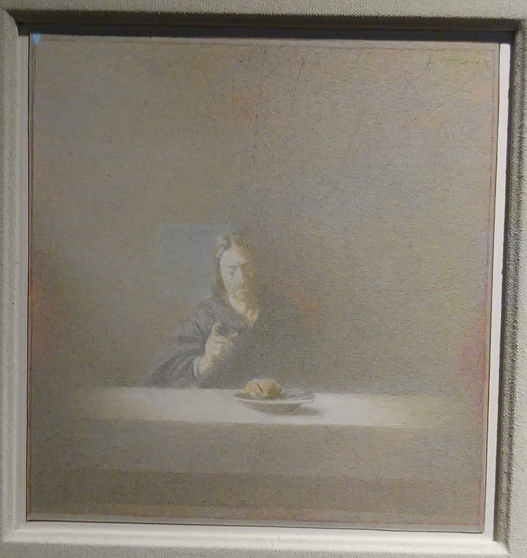 Gianfranco Ferroni, Omaggio a Caravaggio (Cena in Emmaus) (1996; tecnica mista su cartoncino, 25 x 23,55 cm; Collezione privata)
