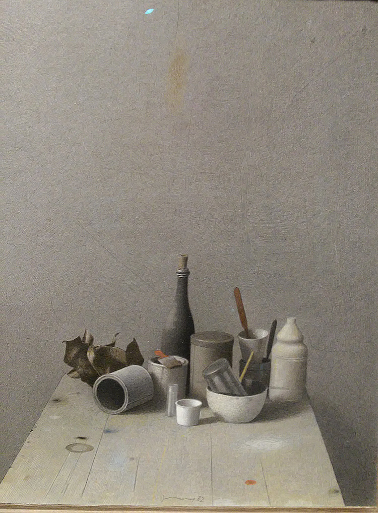 Gianfranco Ferroni, Grande natura morta (1982; tecnica mista su tavola, 48 x 40 cm; Bergamo; Collezione Ceribelli)
