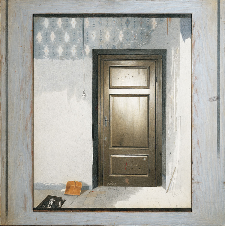 Gianfranco Ferroni, Porta chiusa (1974; tecnica mista su carta applicata su tela, 83,5 x 83 cm; Collezione privata)
