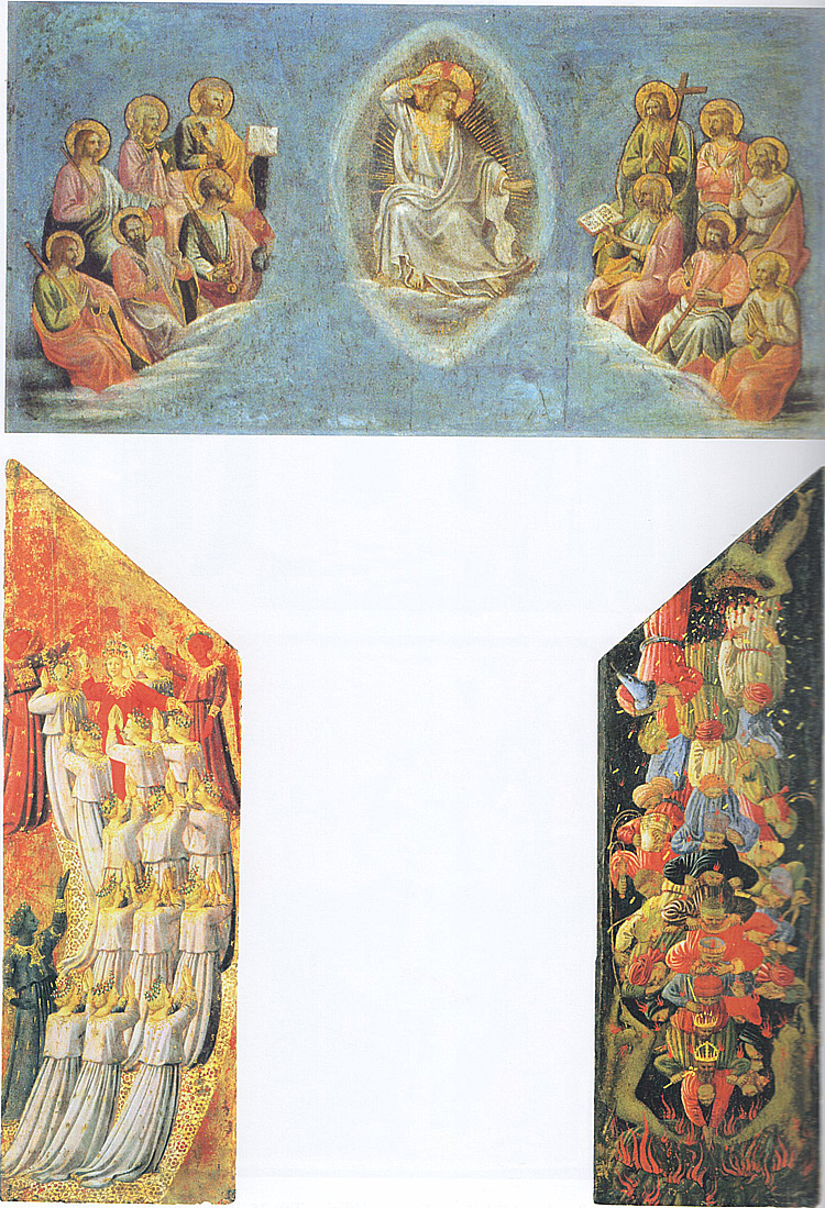 In alto: Beato Angelico, Giudizio universale (1430-1432 circa; Avignone, Musée du Petit Palais). In basso, a sinistra: Beato Angelico, Beati (1430-1432 circa; in deposito a Houston, Museum of Fine Arts). A destra: Beato Angelico, Dannati (1430-1432 circa; in deposito a Houston, Museum of Fine Arts).
