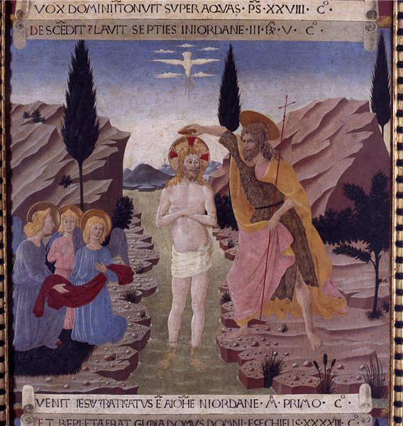 Beato Angelico, Battesimo di Cristo, particolare dell'Armadio degli Argenti (1450-1452; tempera su tavola; Firenze, Museo di San Marco)
