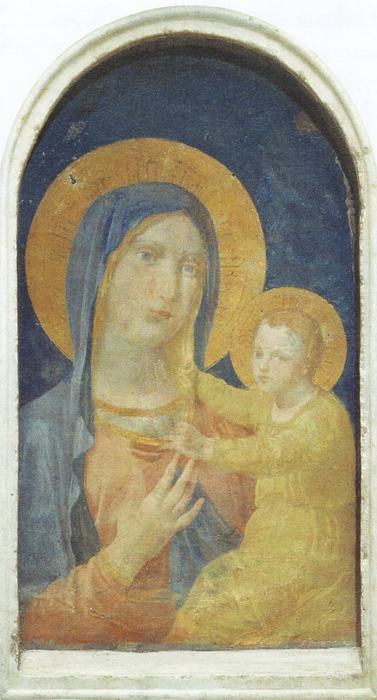 Beato Angelico (?) e restauratori sei-settecenteschi, Madonna col Bambino detta Madonna della febbre (1453-1454 circa; affresco staccato; Città del Vaticano, Museo del Tesoro di San Pietro)
