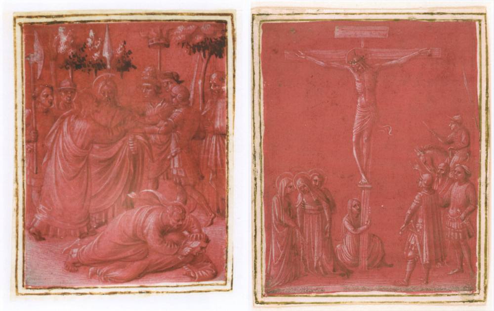 A sinistra: Beato Angelico, Cattura di Cristo (1450 circa; disegno su pergamena purpurea, 7,5 x 6 cm; Rotterdam, Museum Boijmans van Beuningen). A destra: Beato Angelico, Crocifissione (1450 circa; disegno su pergamena purpurea, 8 x 6,2 cm; Cambrige, Harvard University Art Museums, Fogg Art Museum)
