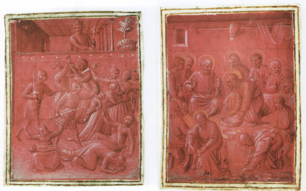 A sinistra: Beato Angelico, Strage degli innocenti (1450 circa; disegno su pergamena purpurea, 7,5 x 6 cm; Rotterdam, Museum Boijmans van Beuningen). A destra: Beato Angelico, Lavanda dei piedi (1450 circa; disegno su pergamena purpurea, 8 x 6 cm; Rotterdam, Museum Boijmans van Beuningen)
