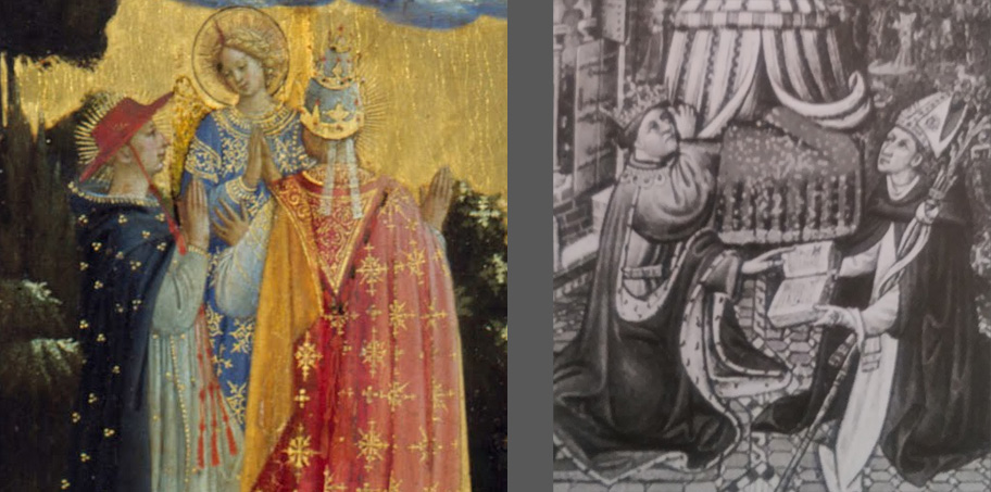 A sinistra: dettaglio con sant'Agostino che guida Juan de Casanova nel Giudizio di Berlino. A destra: Lleonard Crespí, Dedica del codice al re Alfonso il Magnanimo da parte del suo confessore Joan de Casanova (dopo il 1424-prima del 1430; British Library, Ms. Add. 28962, fol. 14v)
