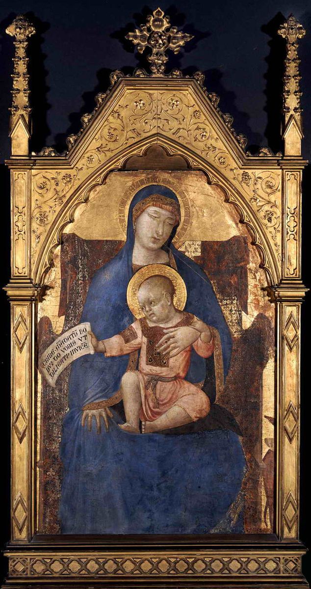 Ambrogio Lorenzetti, Madonna col Bambino in trono (1330-1340 circa; tempera, oro e argento su tavola, 85 x 58 cm; Budapest, SzÃ©pm?vÃ©szeti MÃºzeum)
