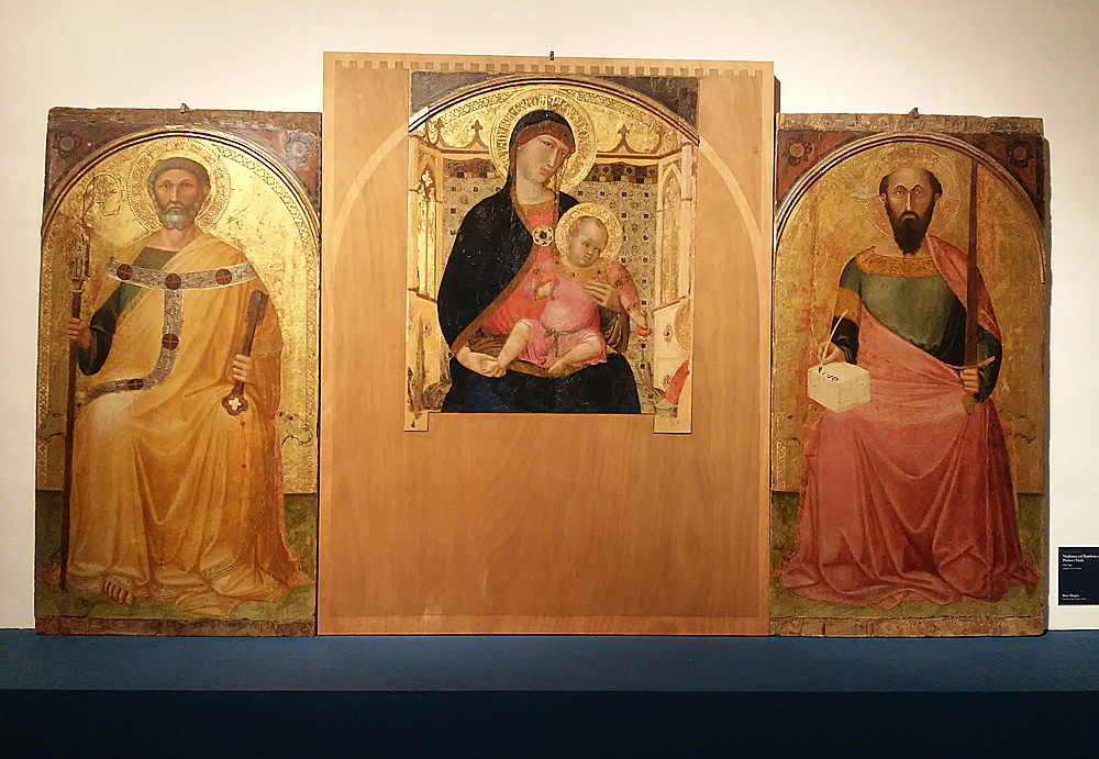 Ambrogio Lorenzetti, Madonna col Bambino e i santi Pietro e Paolo nota anche come Polittico di Roccalbegna (1340 circa; tempera e oro su tavola, 86 x 72 cm il pannello centrale, 133 x 71 cm i pannelli laterali; Roccalbegna, chiesa dei Santi Pietro e Paolo)
