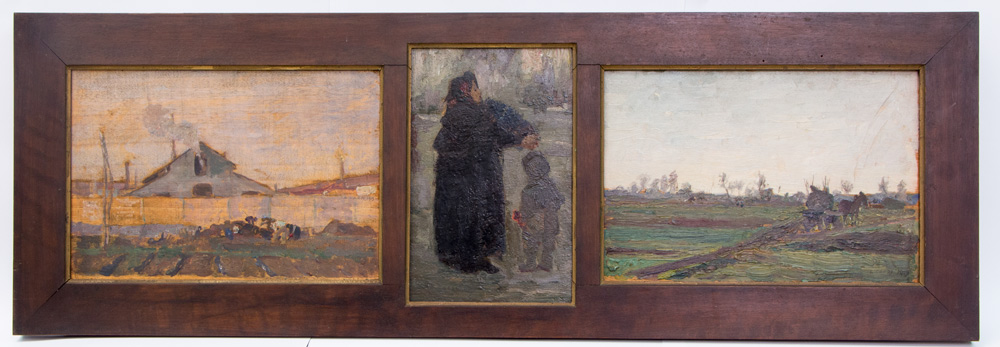 Aldo Carpi, Trittico. Paesaggio con fabbrica (1913; olio su tavola, 17 x 25,5 cm), La povertà (1915; olio su tavola, 21 x 14 cm), Campagna (1919; olio su tavola, 17 x 25,5 cm). Milano, Museo Nazionale Scienza e Tecnologia Leonardo da Vinci
