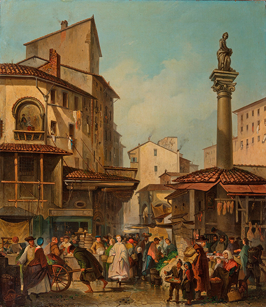 Giuseppe Moricci, Il mercato vecchio a Firenze (1860; olio su tela, 84 x 74 cm; Firenze, Gallerie degli Uffizi)
