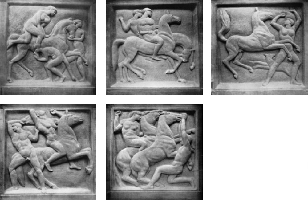 Carl Burckhardt, Le cinque metope dell'Amazzonomachia (1913-1914; arenaria di Bollingen, 270 x 300 cm ciascuna; Basilea, Kunstmuseum, parete esterna dell'edificio)
