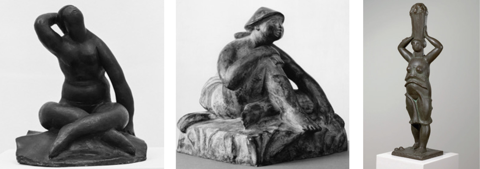 Carl Burckhardt, da sinistra: Donna Seduta (1915-1916?, fusione postuma del 1974; bronzo, altezza 36 cm; Collezione privata), Pastorella che riposa (1917-1918; bronzo, altezza 42 cm; Basilea, Kunstmuseum), Portatrice di cesta (1918, fusione postuma; bronzo, altezza 87,5 cm; Basilea, Kunstmuseum)
