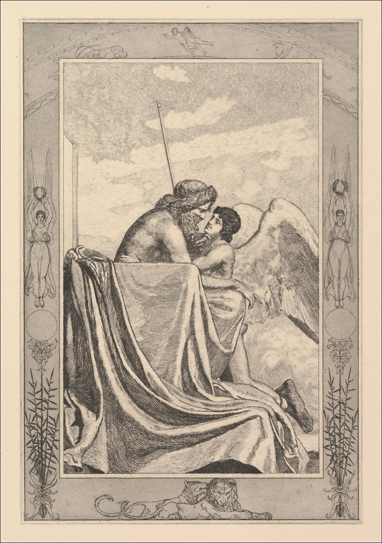 Max Klinger, Amor bei Jupiter, tavola 14 dalla raccolta Amor und Psyche (1880; incisione su carta, 25,55 x 17,30 cm; Portland, Portland Art Museum)
