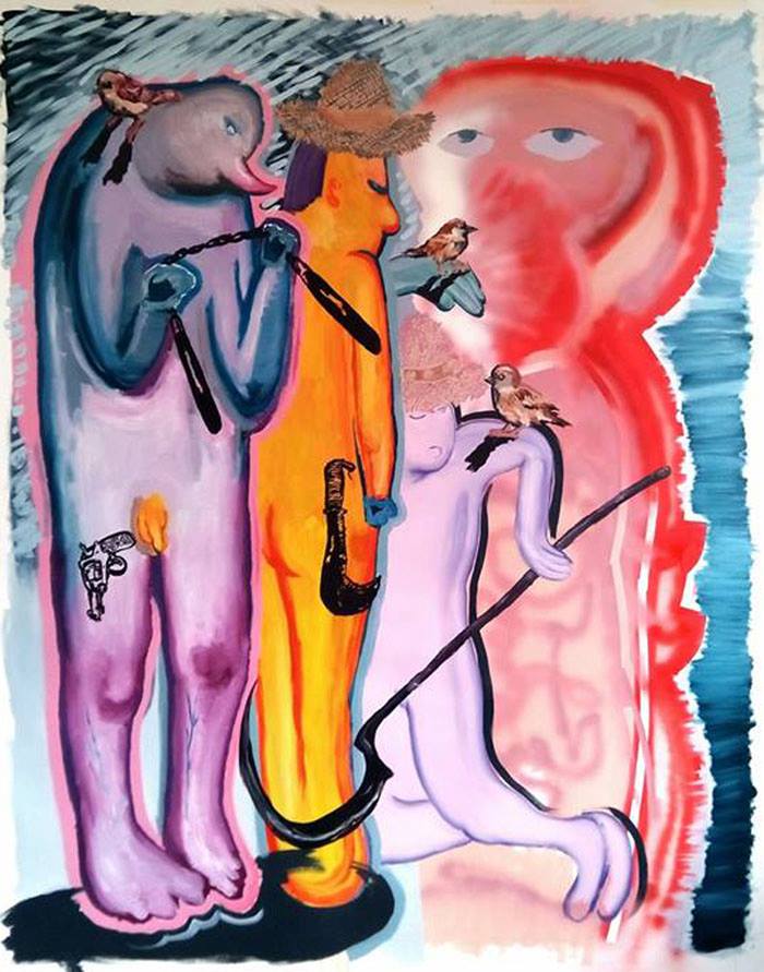 Roberto Chiabrera, Be aggressive harvester (2018; acrilico e olio su tela, 165 x 215 cm)
