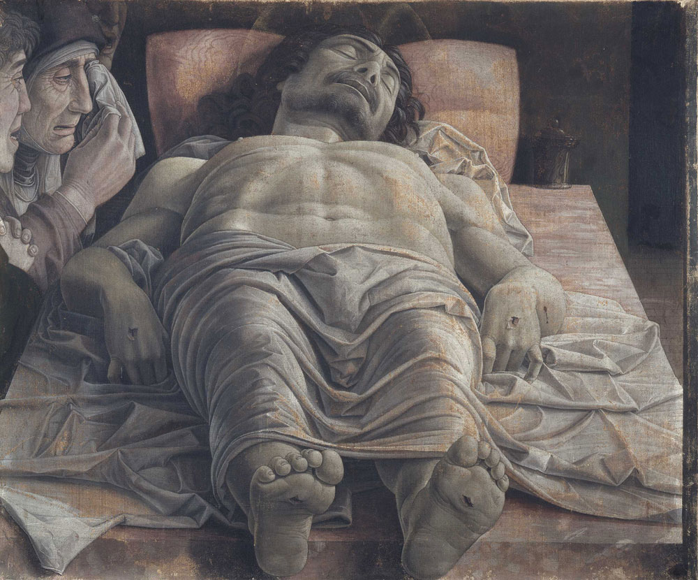 Andrea Mantegna, Cristo morto (1475-1485 circa; tempera su tela, 68 x 81 cm; Milano, Pinacoteca di Brera)
