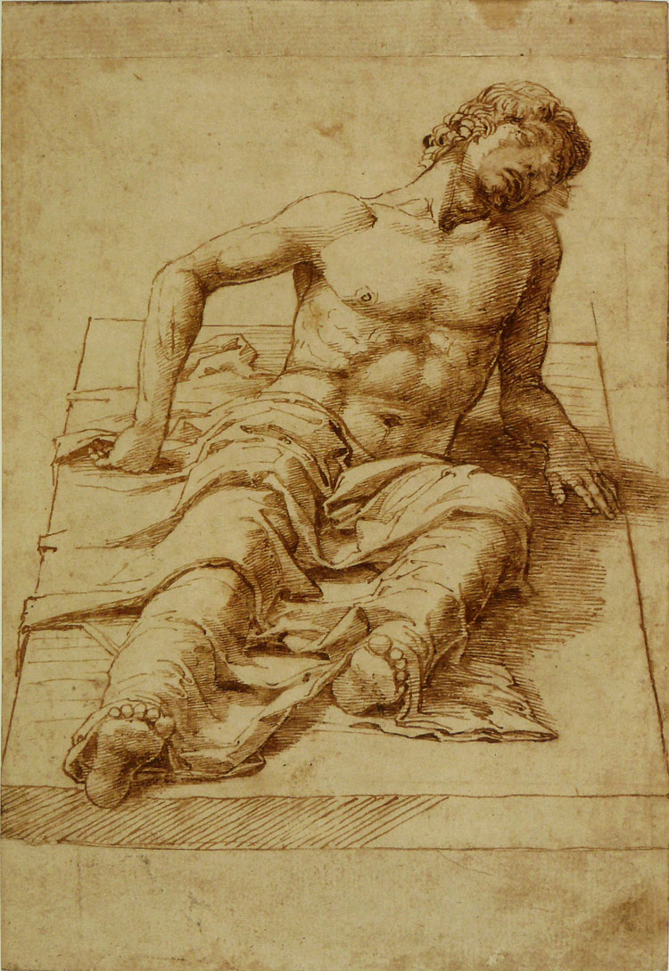 Andrea Mantegna, Uomo giacente su lastra (1475-1485 circa; inchiostro bruno e gessetto nero su carta, 203 x 139 mm; Londra, British Museum)

