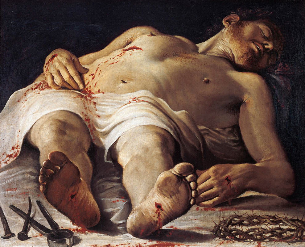 Annibale Carracci, Cristo morto e strumenti della Passione (1583-1585; olio su tela, 70,7 x 88,8 cm; Stoccarda, Staatsgalerie Stuttgart)
