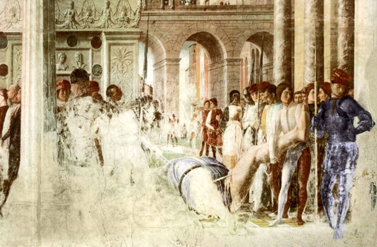 Mantegna, Trasporto del corpo di San Cristoforo, dettaglio (1454-1457; affresco; Padova, Chiesa degli Eremitani, Cappella Ovetari)
