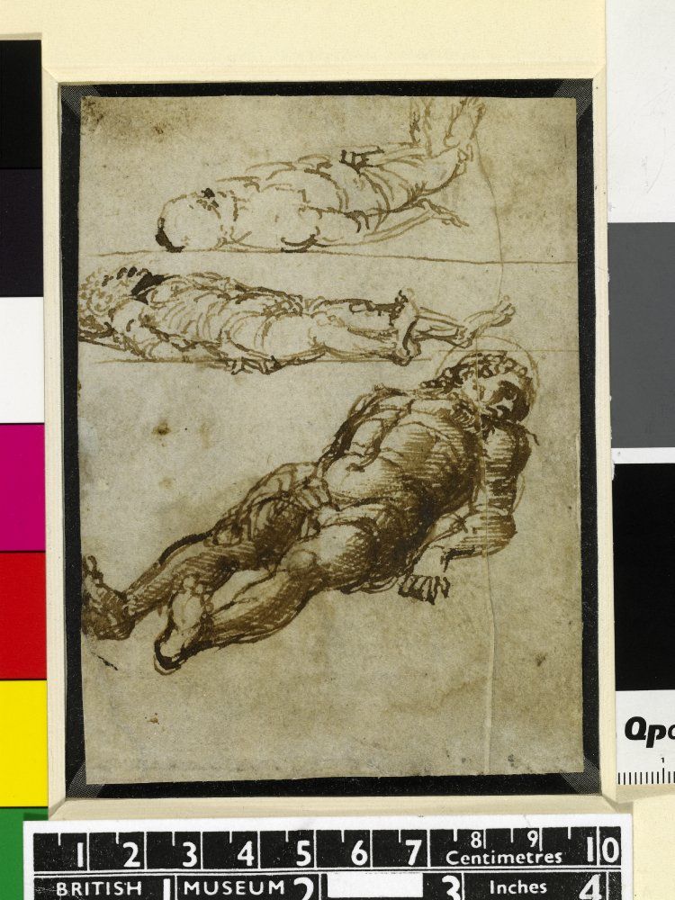 Andrea Mantegna, Tre studi per il Cristo morto (1475-1485 circa; inchiostro bruno su carta, 122 x 88 mm; Londra, British Museum)
