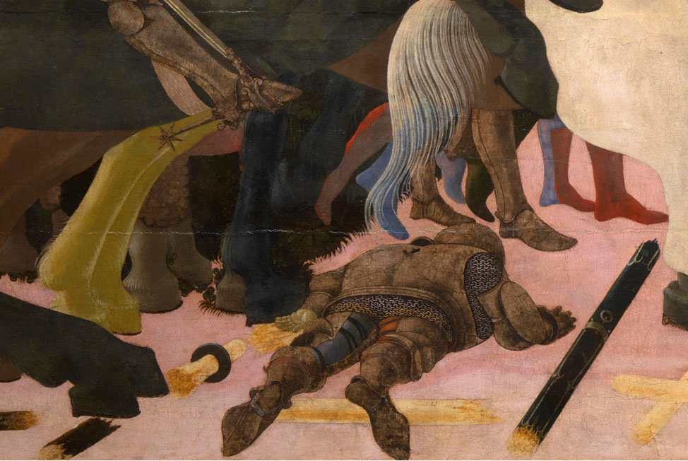 Paolo Uccello, Battaglia di San Romano, Niccolò da Tolentino alla testa dei fiorentini, dettaglio (1438; tecnica mista su tavola, 180 x 316 cm; Londra, National Gallery)
