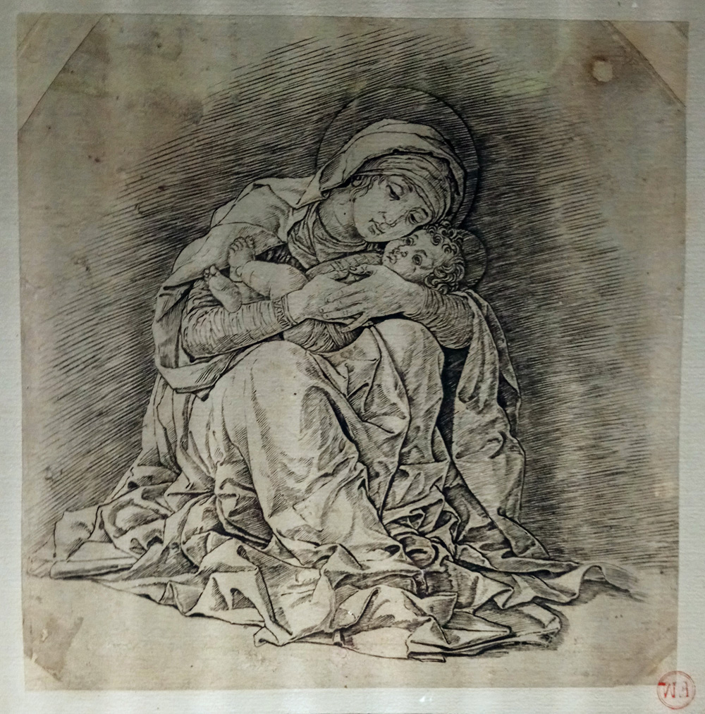 Andrea Mantegna, Madonna col Bambino (1480-1490; bulino su carta, secondo stato, 240 x 240 mm; Padova, Biblioteca Antica del Seminario Vescovile)
