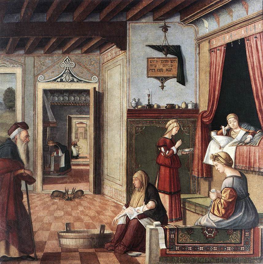 Vittore Carpaccio, Nascita della Vergine (1504-1508; tempera su tela, 126 x 128 cm; Bergamo, Accademia Carrara)
