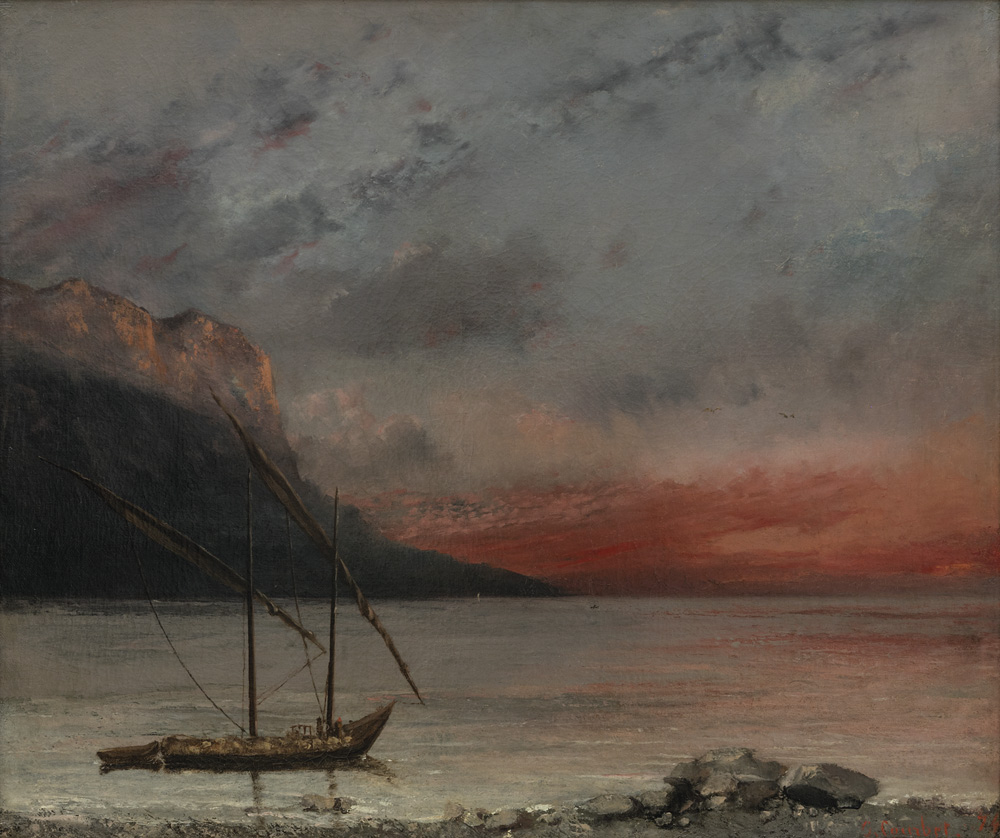 Gustave Courbet, Tramonto sul lago Lemano (1874; olio su tela, 54,5 x 65,4 cm; Vevey, Musée Jenisch)
