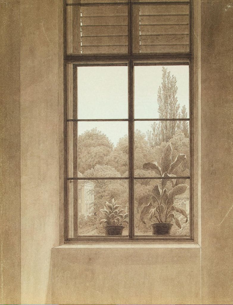 Caspar David Friedrich, Finestra con vista su un parco (1836-1837; grafite e seppia su carta, 398 x 305 mm; San Pietroburgo, Ermitage)
