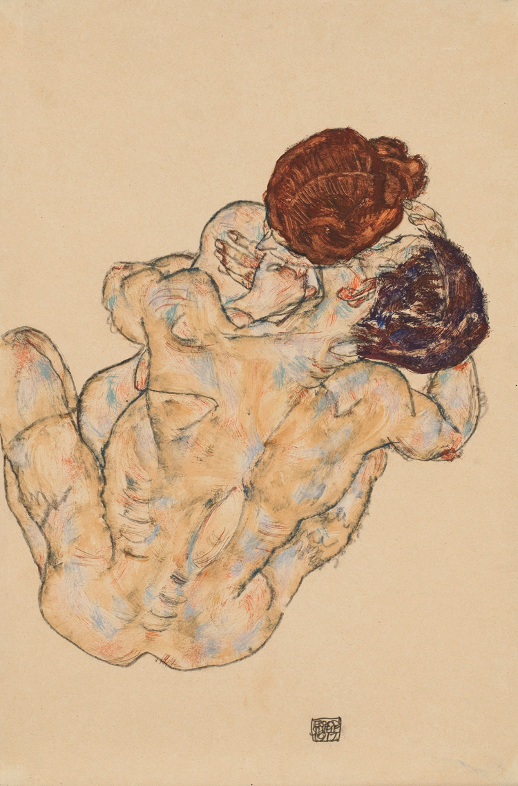 Egon Schiele, Mann und Frau (Umarmung) (1917; gouache e matita nera su carta, 48,9 x 28,9 cm; Collezione privata)
