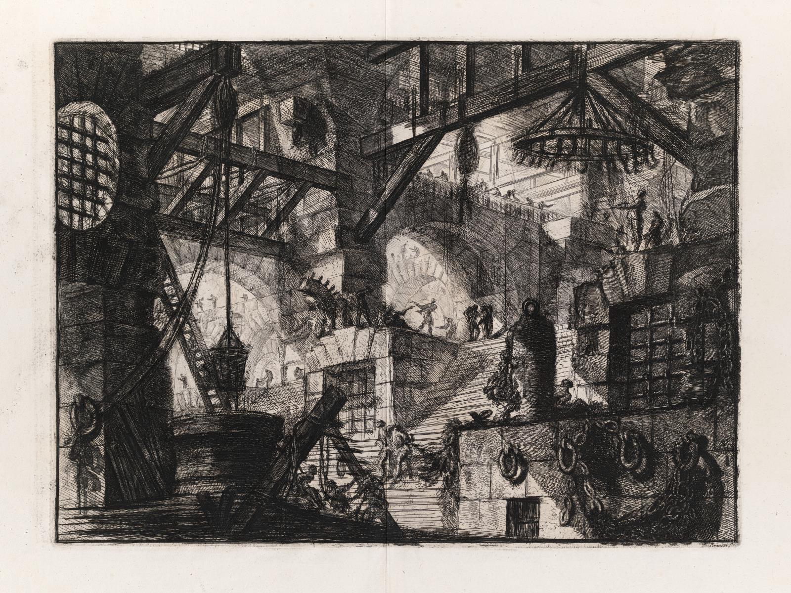 Giovanni Battista Piranesi, Il pozzo, dalla serie Carceri d'invenzione, seconda edizione, tavola XIII (1761; incisione, 56,5 x 80,3 cm; Boston, Museum of Fine Arts)
