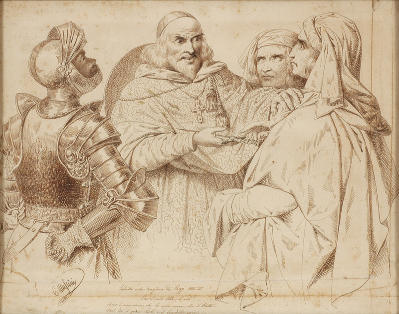 Cesare Mussini, Salviati alla congiura dei Pazzi (1843; acquerello, 35 x 44,2 cm; Collezione privata)
 Cesare Mussini, Salviati alla congiura dei Pazzi (1843; acquerello, 35 x 44,2 cm; Collezione privata)