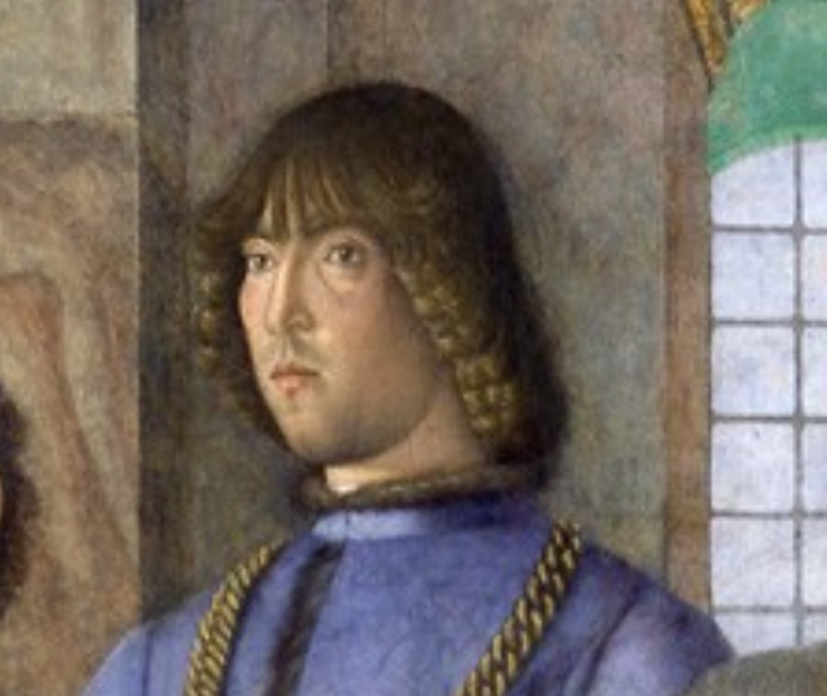 Melozzo da Forlì, Sisto IV nomina il Platina prefetto della biblioteca Vaticana, particolare del ritratto di Girolamo Riario (1477; affresco staccato, 370 x 315 cm; Città del Vaticano, Musei Vaticani, Pinacoteca Vaticana)
 Melozzo da Forlì, Sisto IV nomina il Platina prefetto della biblioteca Vaticana, particolare del ritratto di Girolamo Riario (1477; affresco staccato, 370 x 315 cm; Città del Vaticano, Musei Vaticani, Pinacoteca Vaticana)