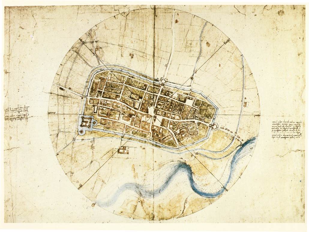 Leonardo da Vinci, Mappa della città di Imola (1502 circa; matita e inchiostro su carta, 440 x 602 mm; Windsor, Royal Library)
 Leonardo da Vinci, Mappa della città di Imola (1502 circa; matita e inchiostro su carta, 440 x 602 mm; Windsor, Royal Library)