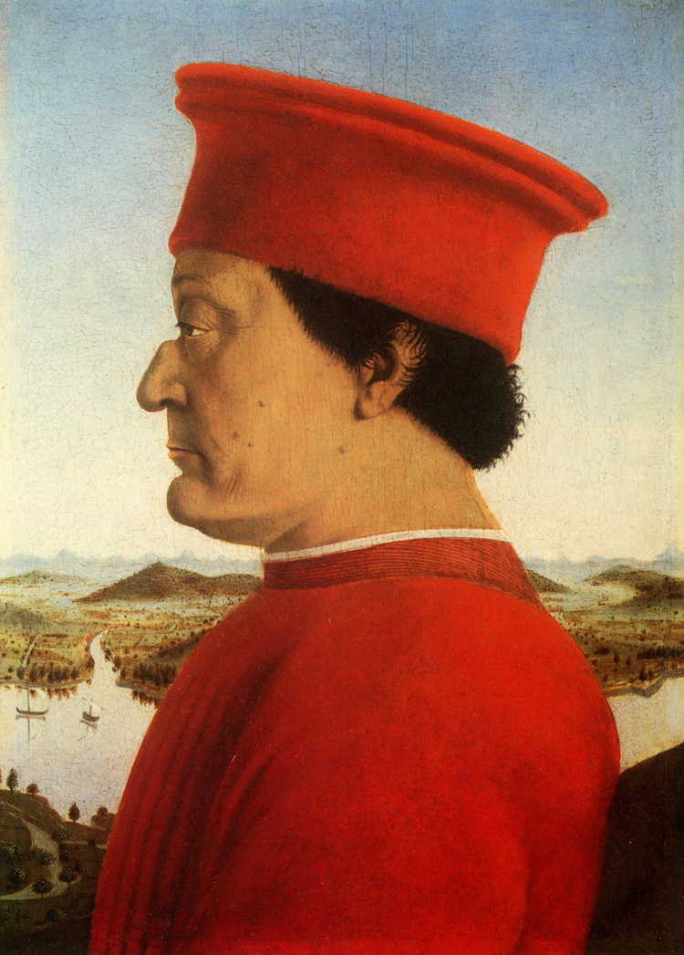 Piero della Francesca, Ritratto di Federico da Montefeltro (1465-1472 circa; olio su tavola, 47 x 66 cm; Firenze, Uffizi)
 Piero della Francesca, Ritratto di Federico da Montefeltro (1465-1472 circa; olio su tavola, 47 x 66 cm; Firenze, Uffizi)