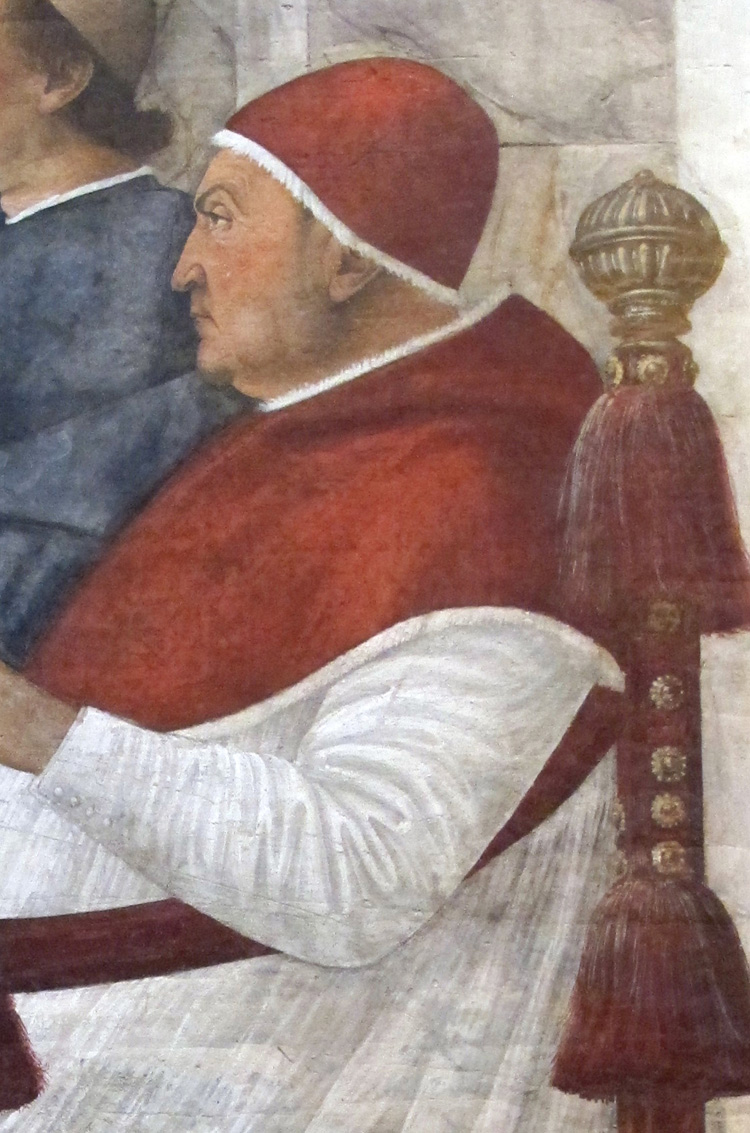Melozzo da Forlì, Sisto IV nomina il Platina prefetto della biblioteca Vaticana, particolare del ritratto di Sisto IV (1477; affresco staccato, 370 x 315 cm; Città del Vaticano, Musei Vaticani, Pinacoteca Vaticana)
