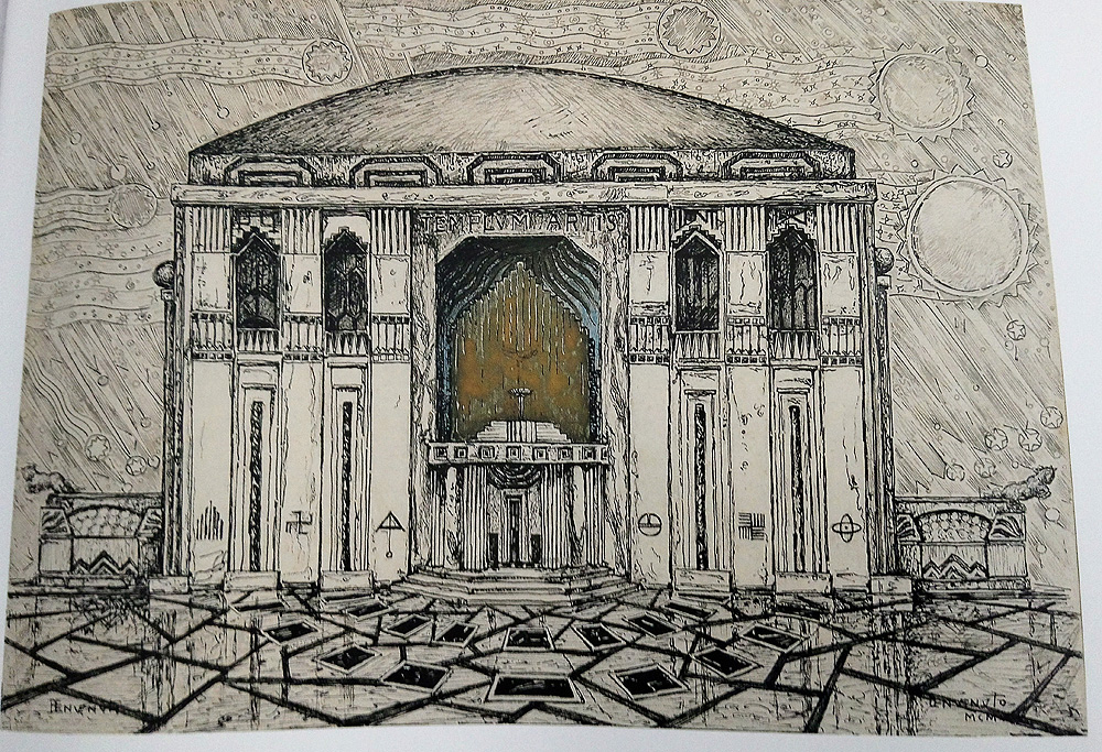 Benvenuto Benvenuti, Il tempio dell'arte (1906; matita, inchiostro, acquerello oro, 380 x 530 mm; Collezione privata, courtesy Galleria Athena, Livorno)
