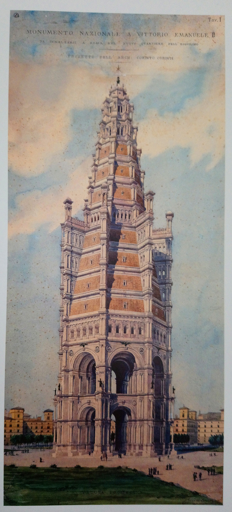 Corinto Corinti, Progetto per il monumento per Vittorio Emanuele II (1881; disegno a china e acquerello su cartoncino, 1097 x 504 mm; Roma, Biblioteca Nazionale Centrale Vittorio Emanuele II)
