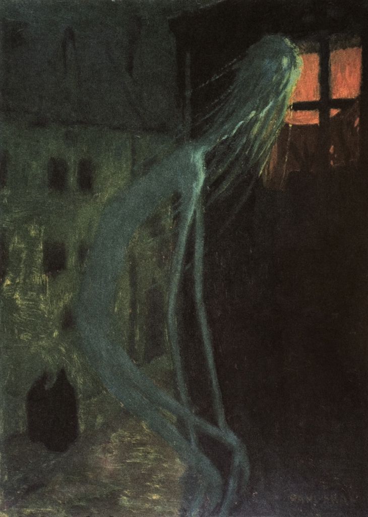 Jaroslav Panu&scaron;ka, Duch mrtvé matky, Lo spirito della madre defunta (1900 circa; olio su cartone, 68 x 48 cm; Pardubyce, V&yacute;chodo&ccaron;eská galerie v Pardubicích)
